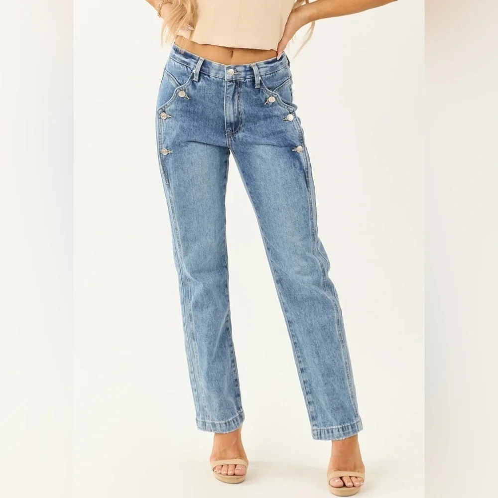 NWT Saige Denim Button Detail Side Panel Tummy Control Straight Leg Denim Jeans - Picture 10 of 11